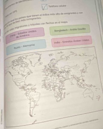 notas de idenaa 
Telétlona celulor' 
con CPS 
u a loul ln passs que timen of indice reda ofto de emgranzes y con 
on querecibes rads inigrantes 
ruas iigratorias y trázalas con fiechos en el mapo 
Bangladesh - Arabia Sauáta 
due - Estados Uniãos de Anérico 
india - Eniratos Áníbes Uridas 
Sska - Memonía