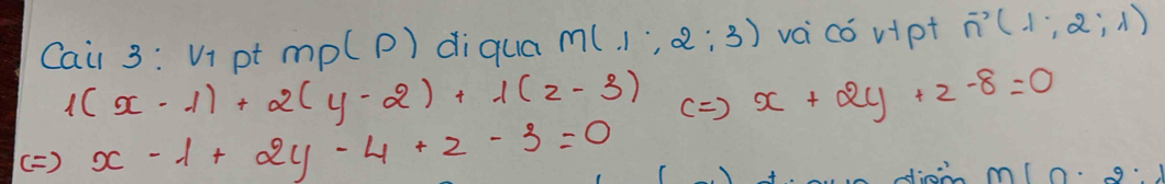 Cail 3: Vi pt mp(p) diqua M(1,2:3) vai có vipt vector n(1;2;1)
1(x-1)+2(y-2)+1(z-3) () x+2y+z-8=0
( ) x-1+2y-4+z-3=0
diom m[0· 2 :