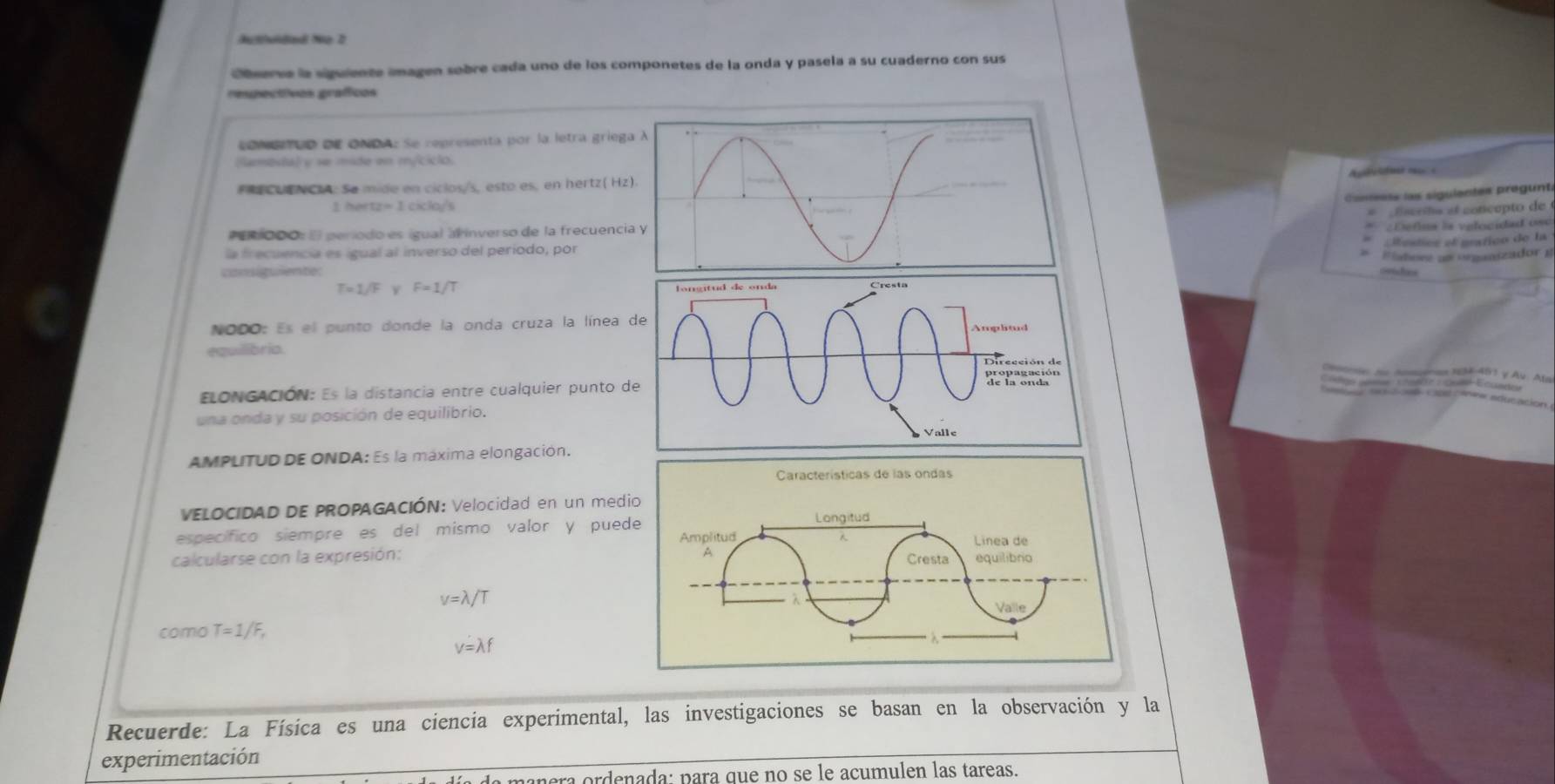 Autvidad No 2 
Coserve la siguiente imagen sobre cada uno de los componetes de la onda y pasela a su cuaderno con sus 
respectivos grafíicos 
*oveaD DE ONDA: Se representa por la letra grie 
Bameda) y se mide en m/ciclo. 
aer c 
FECUENCIA: Se mide en ciclos/s, esto es, en hertz( H 
C ess les sigulentes prégunt 
1 her 
# Escrts el concepto de 
PE 000: E período es ígual a inverso de la frecuenc 
# Mestios el prafico de la 
la frecuencia es igual al inverso del período, por* : Elefns la velocidad oso 
comiguiemte# Flabore am «rganszador 1 
cetons
T=1/F F=1/T
NODO: Es el punto donde la onda cruza la línea 
equilibrio. 
ELONGACiÓN: Es la distancia entre cualquier punto 
= n sn 3-451 γ Av. Au 
una onda y su posición de equilibrio. 
AMPLITUD DE ONDA: Es la máxima elongación. 
VELOCIDAD DE PROPAGACIÓN: Velocidad en un med 
específico siempre es del mismo valor y pue 
calcularse con la expresión:
v=lambda /T
como T=1/F_r
v=lambda f
Recuerde: La Física es una ciencia experimental, las investigaciones se basan en la observación y la 
experimentación 
anara ordenada: para que no se le acumulen las tareas.