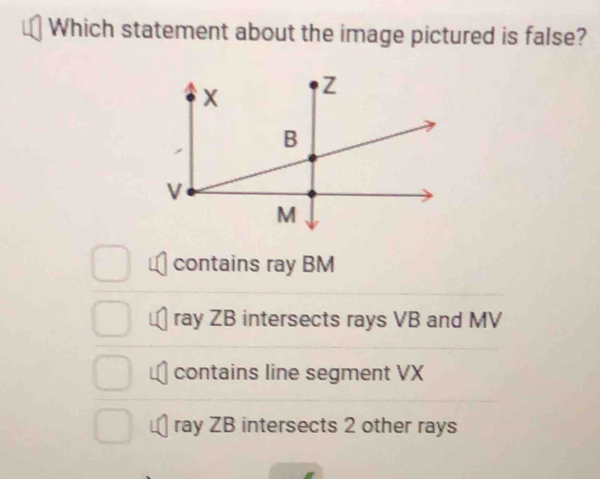 Which statement about the image pictured is false?
contains ray BM
ray ZB intersects rays VB and MV
contains line segment VX
ray ZB intersects 2 other rays