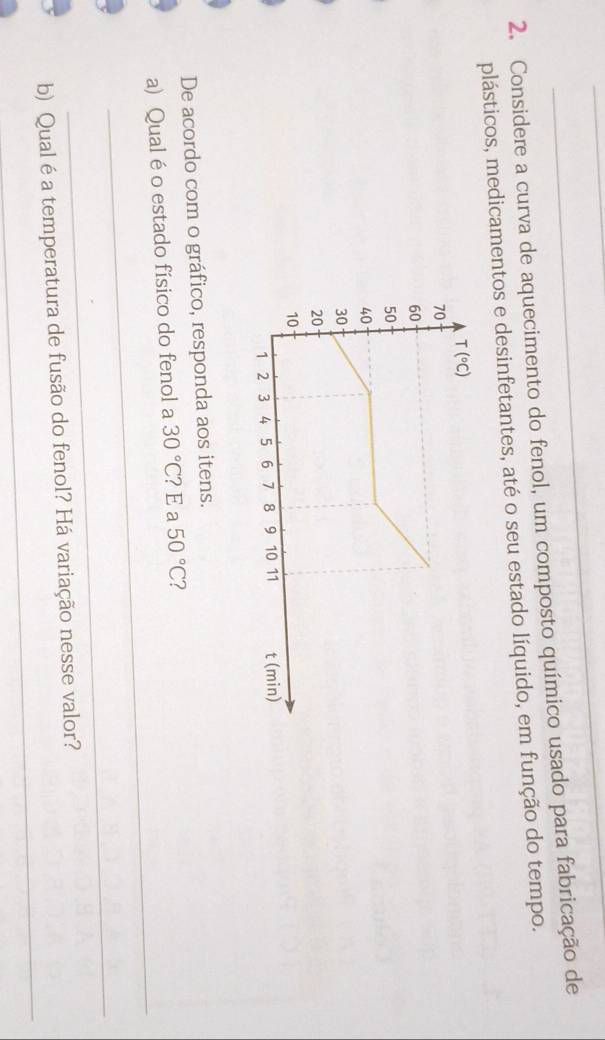 Considere a curva de aquecimento do fenol, um composto químico usado para fabricação de
plásticos, medicamentos e desinfetantes, até o seu estado líquido, em função do tempo.
De acordo com o gráfico, responda aos itens.
_
a) Qual é o estado físico do fenol a 30°C ?E a 50°C ?
_
_
b) Qual é a temperatura de fusão do fenol? Há variação nesse valor?