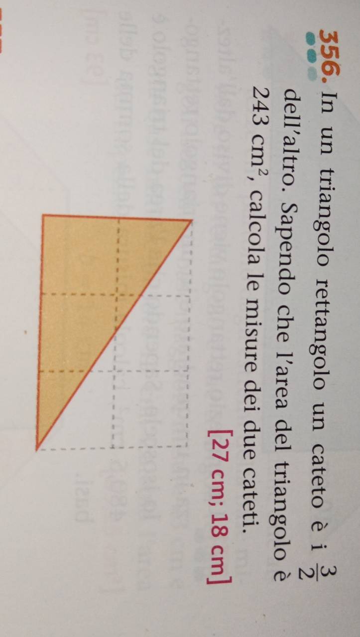 In un triangolo rettangolo un cateto è i  3/2 
dell'altro. Sapendo che l'area del triangolo è
243cm^2 , calcola le misure dei due cateti. 
[ 27 cm; 18 cm ]