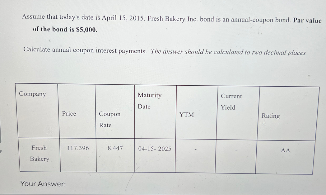 Assume that today's date is April 15, 2015. Fresh Bakery Inc. bond is an annual-coupon bond. Par value 
of the bond is $5,000. 
Calculate annual coupon interest payments. The answer should be calculated to two decimal places 
Your Answer: