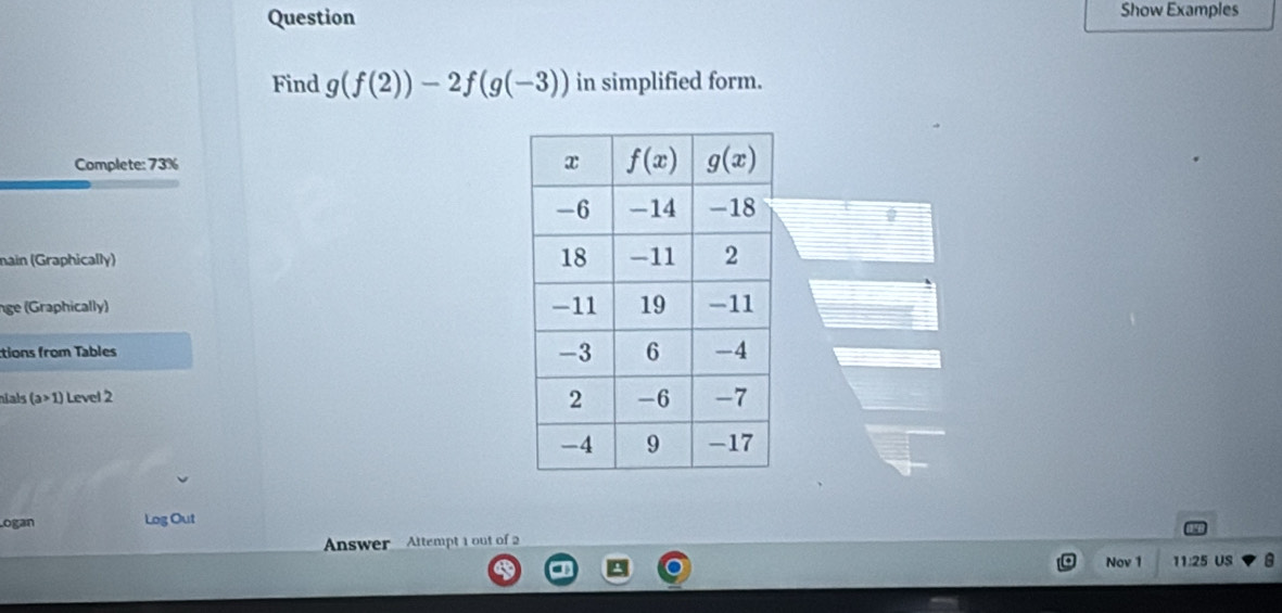 Question Show Examples
Find g(f(2))-2f(g(-3)) in simplified form.
Complete: 73% 
nain (Graphically) 
nge (Graphically) 
tions from Tables
nials (a>1) Level 2
Logan Log Out
Answer  Attempt 1 out of 2
Nov 1 11:25 US