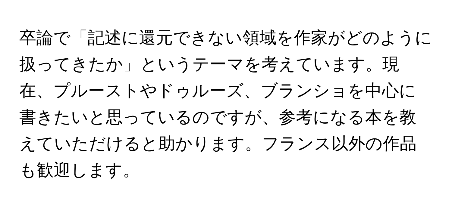 卒論で「記述に還元できない領域を作家がどのように扱ってきたか」というテーマを考えています。現在、プルーストやドゥルーズ、ブランショを中心に書きたいと思っているのですが、参考になる本を教えていただけると助かります。フランス以外の作品も歓迎します。