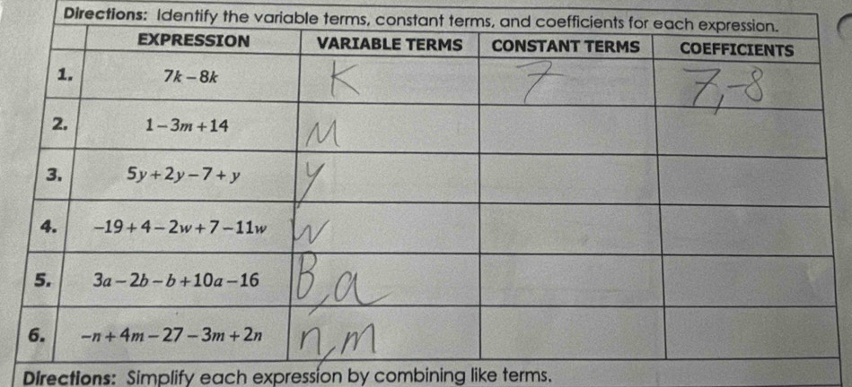 Directions: Identify the variable terms, const
Drections: Simplify each expression by combining like terms.