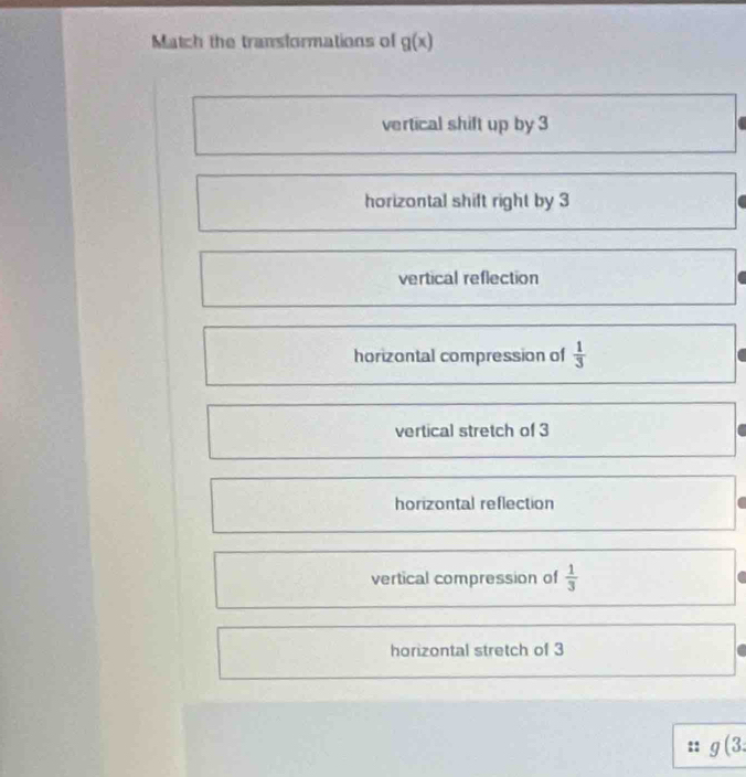 Match the transformations of g(x)
vertical shift up by 3
horizontal shift right by 3
vertical reflection
horizontal compression of  1/3  C
vertical stretch of 3
horizontal reflection
vertical compression of  1/3 
horizontal stretch of 3
g(3