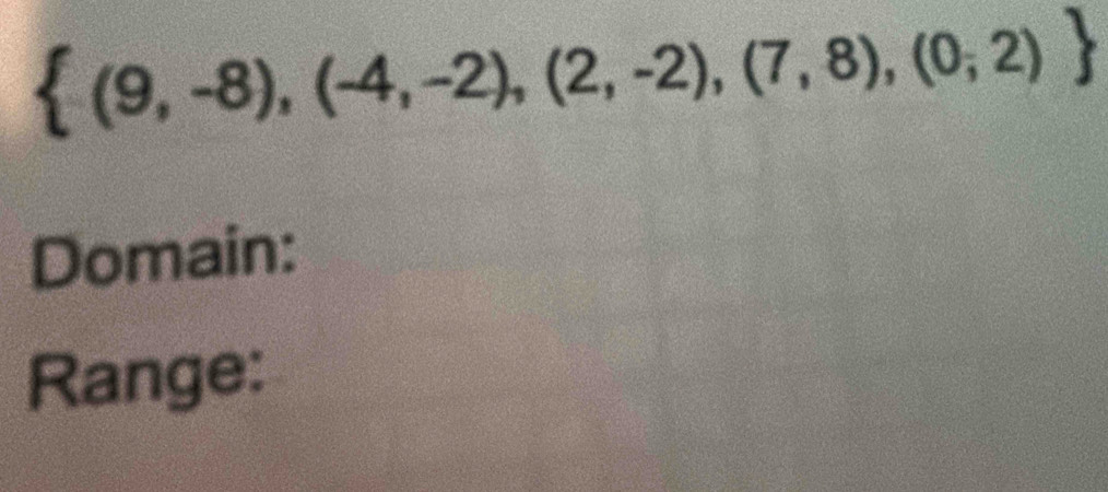  (9,-8),(-4,-2),(2,-2),(7,8),(0;2)
Domain: 
Range: