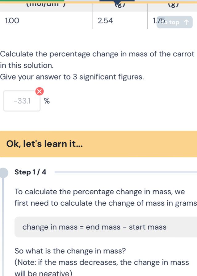 Calculate the percentage change in mass of the carrot 
in this solution. 
Give your answer to 3 significant figures.
-33.1 %
Ok, let's learn it... 
Step 1 / 4
To calculate the percentage change in mass, we 
first need to calculate the change of mass in grams
change in mass = end mass - start mass 
So what is the change in mass? 
(Note: if the mass decreases, the change in mass 
will be negative)