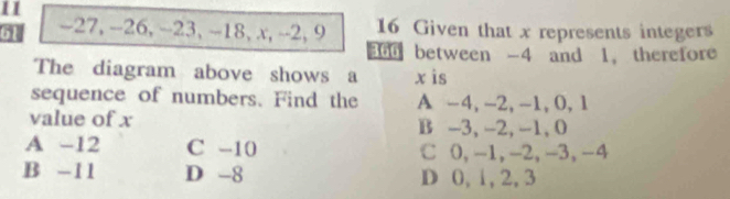 ot -27, -26, -23, -18, x, -2, 9 16 Given that x represents integers
366 between -4 and 1, therefore
The diagram above shows a x is
sequence of numbers. Find the A -4, -2, -1, 0, 1
value of x B -3, -2, -1, 0
A -12 C -10 C 0, -1, -2, -3, -4
B -11 D -8 D 0, 1, 2, 3