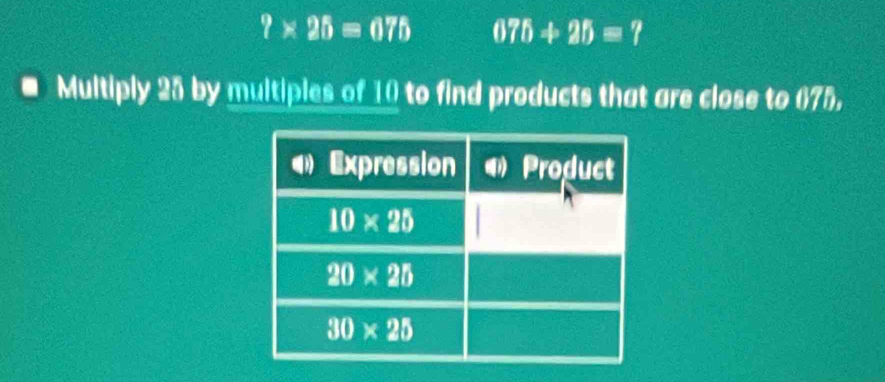 ?* 25=075 075+25=7
Multiply 25 by multipies of 10 to find products that are close to 675,