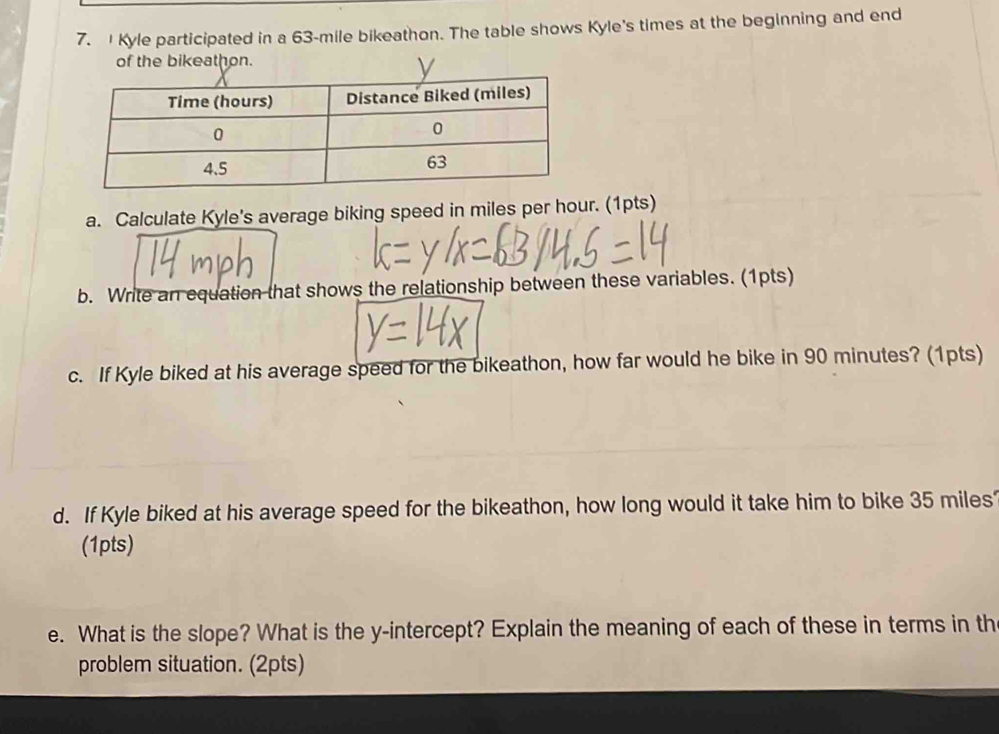 Kyle participated in a 63-mile bikeathon. The table shows Kyle's times at the beginning and end 
a. Calculate Kyle's average biking speed in miles per hour. (1pts) 
b. Write an equation that shows the relationship between these variables. (1pts) 
c. If Kyle biked at his average speed for the bikeathon, how far would he bike in 90 minutes? (1pts) 
d. If Kyle biked at his average speed for the bikeathon, how long would it take him to bike 35 miles
(1pts) 
e. What is the slope? What is the y-intercept? Explain the meaning of each of these in terms in th 
problem situation. (2pts)