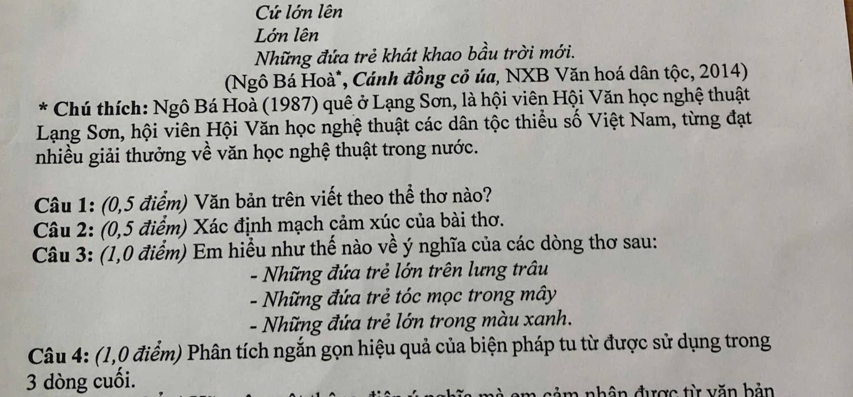 Cứ lớn lên 
Lớn lên 
Những đứa trẻ khát khao bầu trời mới. 
(Ngô Bá Hoà*, Cánh đồng cỏ úa, NXB Văn hoá dân tộc, 2014) 
* Chú thích: Ngô Bá Hoà (1987) quê ở Lạng Sơn, là hội viên Hội Văn học nghệ thuật 
Lạng Sơn, hội viên Hội Văn học nghệ thuật các dân tộc thiểu số Việt Nam, từng đạt 
nhiều giải thưởng về văn học nghệ thuật trong nước. 
Câu 1: (0,5 điểm) Văn bản trên viết theo thể thơ nào? 
Câu 2: (0,5 điểm) Xác định mạch cảm xúc của bài thơ. 
Câu 3: (1,0 điểm) Em hiểu như thế nào về ý nghĩa của các dòng thơ sau: 
- Những đứa trẻ lớn trên lưng trâu 
- Những đứa trẻ tóc mọc trong mây 
- Những đứa trẻ lớn trong màu xanh. 
Câu 4: (1,0 điểm) Phân tích ngắn gọn hiệu quả của biện pháp tu từ được sử dụng trong
3 dòng cuối. 
a c ả m nhân được từ văn bản