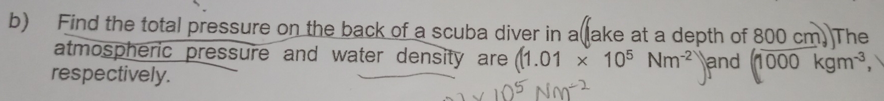 Find the total pressure on the back of a scuba diver in a lake at a depth of 800 cm. The 
atmospheric pressure and water density are (1.01* 10^5Nm^(-2) and (1000kgm^(-3), 
respectively.