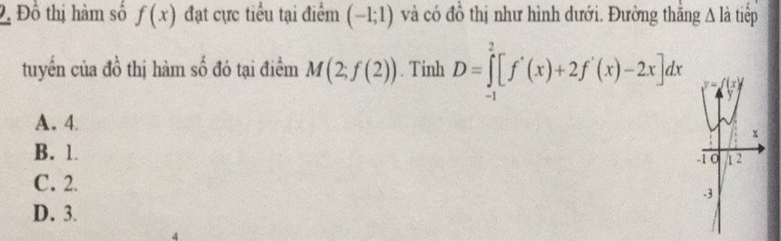 2, Đồ thị hàm số f(x) đạt cực tiểu tại điểm (-1;1) và có đồ thị như hình dưới. Đường thẳng A là tiếp
tuyển của đồ thị hàm số đó tại điểm M(2;f(2)). Tinh D=∈tlimits _(-1)^2[f'(x)+2f'(x)-2x]dx
A. 4.
B. 1.
C. 2.
D. 3.
4