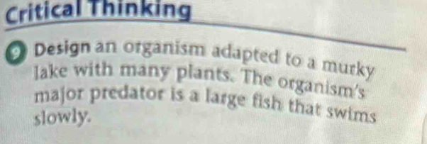 Critical Thinking 
Design an organism adapted to a murky 
lake with many plants. The organism's 
major predator is a large fish that swims 
slowly.