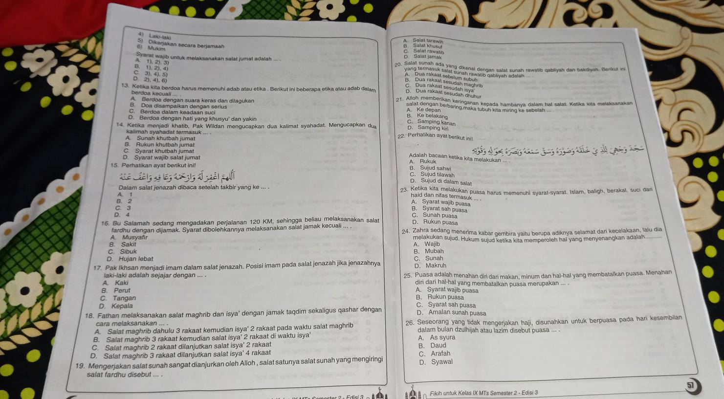 Laki-taki
A Salat tarawih
Salat kwar
D. Salat jamak
Syarat wajib untuk melaksanakan salat jumat adalah ... .
A. 1), 2). 3)
B. 1), 2). 4
C. 3), 4), 5)
D. 2), 4). 6
13. Ketika kita berdoa harus memenuhi adab atau etika . Berikut ini beberapa etika atau adab dalam            
berdoa kecuall ...
A. Berdoa dengan suara keras dan dilagukan
21. Alloh memberikan keringanan kepada hambanya dalam hal salat Ketika kita melaksanakan
B. Doa disampaikan dengan serius A. Ke depan
salat dengan berbaring,maka tubuh kita minng ke sebelah
C. Berdoa dalam keadaan suci
D. Berdoa dengan hati yang khusyu' dan yakin
B. Ke belakang
C. Samping kanan
D. Samping kiri
14. Ketika menjadi khatib, Pak Wildan mengucapkan dua kalimat syahadat. Mengucapkan du 22. Perhatikan ayat berikut ini!
kalimah syahadat termasuk ... .
A Sunah khutbah jumat
B. Rukun khutbah jumat
C. Syarat khutbah jumat
                       
Adalah bacaan ketika kita melakukan
D. Syarat wajib salat jumat A. Rukuk
15. Perhatikan ayat berikut ini! B. Sujud sahwi D. Sujud di dalam salat
C. Sujud tilawah
Dalam salat jenazah dibaca setelah takbir yang ke ... . 23. Ketika kita melakukan puasa harus memenuhi syarat-syarat. Islam, baligh, berakal, suci dan
haid dan nifas termasuk ...
B. 2
A. Syarat wajib puasa
A. 1 B. Syarat sah puasa
C. 3
D. 4
C. Sunah puasa
16. Bu Salamah sedang mengadakan perjalanan 120 KM, sehingga beliau melaksanakan salat D. Rukun puasa
fardhu dengan dijamak. Syarat dibolehkannya melaksanakan salat jamak kecuali ... . 24. Zahra sedang menerima kabar gembira vaitu berupa adiknya selamat dar kecelakaan, lalu dia
A. Musyafir melakukan sujud. Hukum sujud ketika kita memperoleh hal yang menyenangkan adalah
B. Sakit
C. Sibuk B. Mubah A. Wajib
D. Hujan lebat C. Sunah
17. Pak Ikhsan menjadi imam dalam salat jenazah. Posisi imam pada salat jenazah jika jenazahnya D. Makruh
laki-laki adalah sejajar dengan ... .
A. Kaki 25. Puasa adalah menahan diri dari makan, minum dan hal-hal yang membatalkan puasa. Menahan
diri dari hal-hal yang membatalkan puasa merupakan ... .
B. Perut A. Syarat wajib puasa
C. Tangan B. Rukun puasa
D. Kepala
C. Syarat sah puasa
18. Fathan melaksanakan salat maghrib dan isya' dengan jamak taqdim sekaligus qashar dengan D. Amalan sunah puasa
cara melaksanakan ... .
A. Salat maghrib dahulu 3 rakaat kemudian isya' 2 rakaat pada waktu salat maghrib 26. Seseorang yang tidak mengerjakan haji, disunahkan untuk berpuasa pada hari kesembilan
dalam bulan dzulhijah atau lazim disebut puasa ... .
B. Salat maghrib 3 rakaat kemudian salat isya' 2 rakaat di waktu isya' A. As syura
C. Salat maghrib 2 rakaat dilanjutkan salat isya' 2 rakaat B. Daud
D. Salat maghrib 3 rakaat dilanjutkan salat isya' 4 rakaat C. Arafah
19. Mengerjakan salat sunah sangat dianjurkan oleh Alloh , salat satunya salat sunah yang mengiringi D. Syawal
salat fardhu disebut ... .
57
Fikih untuk Kelas IX MTs Semester 2 - Edisi 3