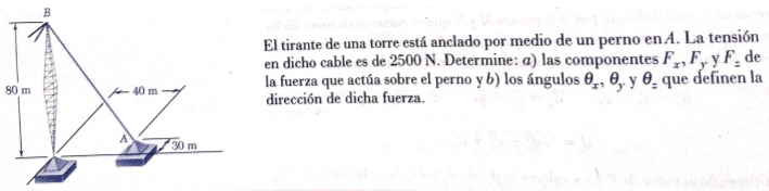 El tirante de una torre está anclado por medio de un perno en A. La tensión 
en dicho cable es de 2500 N. Determine: α) las componentes F_x, F_y y F_= de
80 m 40 m la fuerza que actúa sobre el perno y b) los ángulos θ _x, θ _y y θ = que definen la 
dirección de dicha fuerza. 
A 30 m