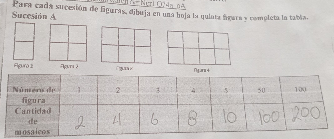 watch?v=NcrL( 274a oA 
Para cada sucesión de figuras, dibuja en una hoja la quinta figura y completa la tabla. 
Sucesión A 
Figura 1 Figura 2 Figura 3 Figura 4