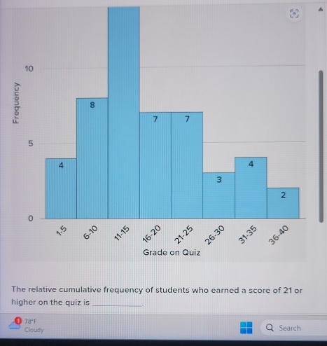 The relative cumulative frequency of students who earned a score of 21 or
higher on the quiz is _.
78°F
Cloudy Search