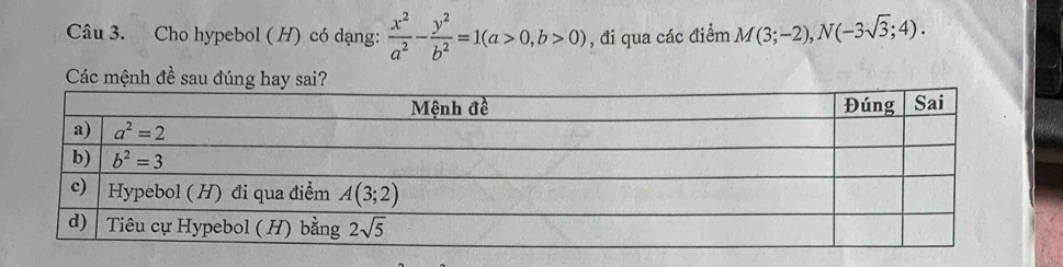 Cho hypebol ( H) có dạng:  x^2/a^2 - y^2/b^2 =1(a>0,b>0) , đi qua các điểm M(3;-2),N(-3sqrt(3);4).
Các mệnh đề sau đúng hay sai?