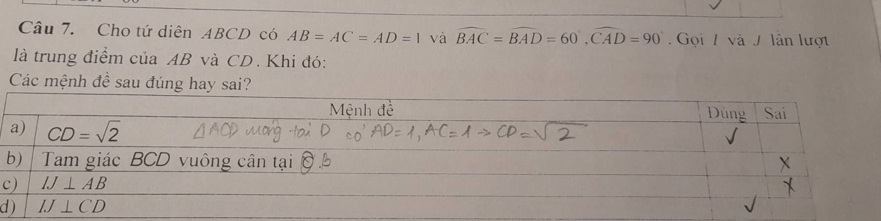 Cho tứ diện ABCD có AB=AC=AD=1 và widehat BAC=widehat BAD=60°,widehat CAD=90°.  Gọi / và J lần lượt
là trung điểm của AB và CD. Khi đó:
Các mệnh đề sau đúng hay sai?
c
d