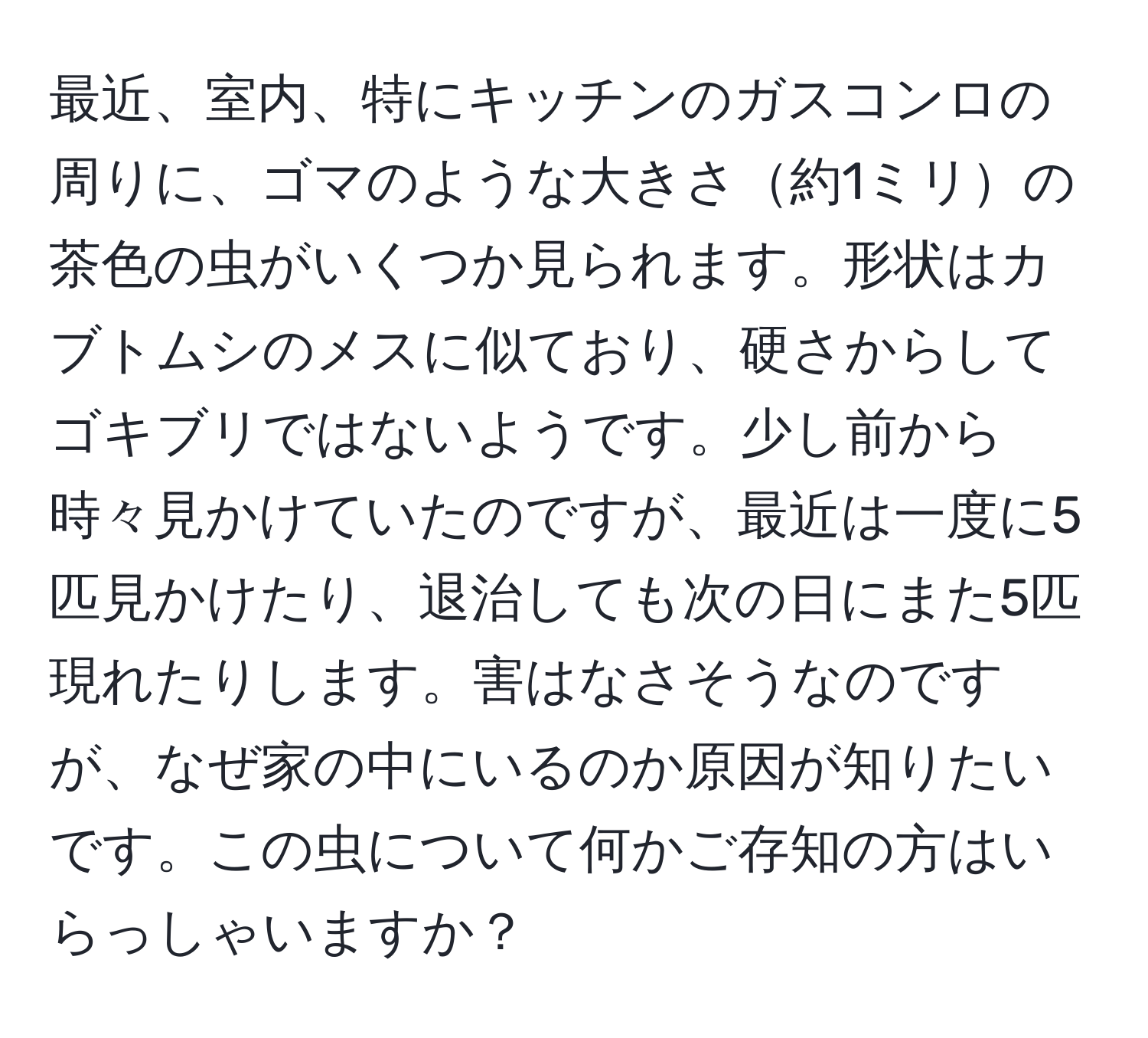 最近、室内、特にキッチンのガスコンロの周りに、ゴマのような大きさ約1ミリの茶色の虫がいくつか見られます。形状はカブトムシのメスに似ており、硬さからしてゴキブリではないようです。少し前から時々見かけていたのですが、最近は一度に5匹見かけたり、退治しても次の日にまた5匹現れたりします。害はなさそうなのですが、なぜ家の中にいるのか原因が知りたいです。この虫について何かご存知の方はいらっしゃいますか？