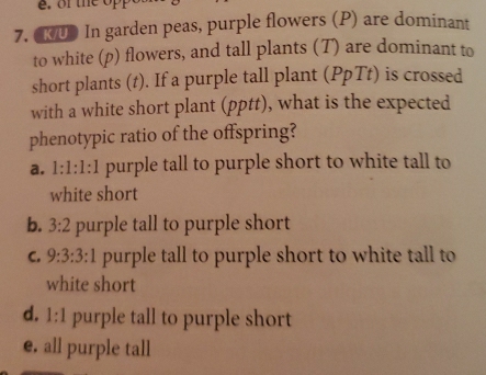 CD In garden peas, purple flowers (P) are dominant
to white (p) flowers, and tall plants (T) are dominant to
short plants (t). If a purple tall plant (PpTt) is crossed
with a white short plant (pptt), what is the expected
phenotypic ratio of the offspring?
a. 1:1:1:1 purple tall to purple short to white tall to
white short
b. 3:2 purple tall to purple short
C. 9:3:3 3:1 purple tall to purple short to white tall to
white short
d. 1:1 purple tall to purple short
e. all purple tall