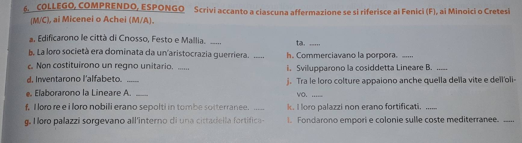 COLLEGO, COMPRENDO, ESPONGO Scrivi accanto a ciascuna affermazione se si riferisce ai Fenici (F), ai Minoici o Cretesi 
(M/C), ai Micenei o Achei (M/A). 
a. Edificarono le città di Cnosso, Festo e Mallia. ..... ta. ...... 
b. La loro società era dominata da un’aristocrazia guerriera. ...... h. Commerciavano la porpora. …... 
Non costituirono un regno unitario. ...... 
i。 Svilupparono la cosiddetta Lineare B._ 
d. Inventarono l’alfabeto. 
j. Tra le loro colture appaiono anche quella della vite e dell’oli- 
e. Elaborarono la Lineare A. _VO. ...... 
f. I oro re e i loro nobili erano sepolti in tombe sotterranee. ..... k. I loro palazzi non erano fortificati. ...... 
g. I oro palazzi sorgevano all'interno di una cittadella fortifica- . Fondarono empori e colonie sulle coste mediterranee. ......