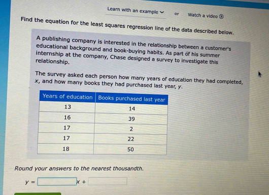 Learn with an example or Watch a video ⑤ 
Find the equation for the least squares regression line of the data described below. 
A publishing company is interested in the relationship between a customer's 
educational background and book-buying habits. As part of his summer 
internship at the company, Chase designed a survey to investigate this 
relationship. 
The survey asked each person how many years of education they had completed,
x, and how many books they had purchased last year, y. 
Round your answers to the nearest thousandth.
y=□ x+□