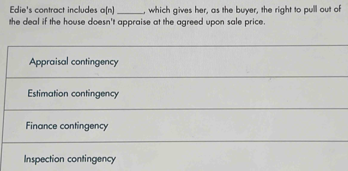 Edie's contract includes a(n) _, which gives her, as the buyer, the right to pull out of 
the deal if the house doesn't appraise at the agreed upon sale price. 
Appraisal contingency 
_ 
Estimation contingency 
_ 
Finance contingency 
Inspection contingency