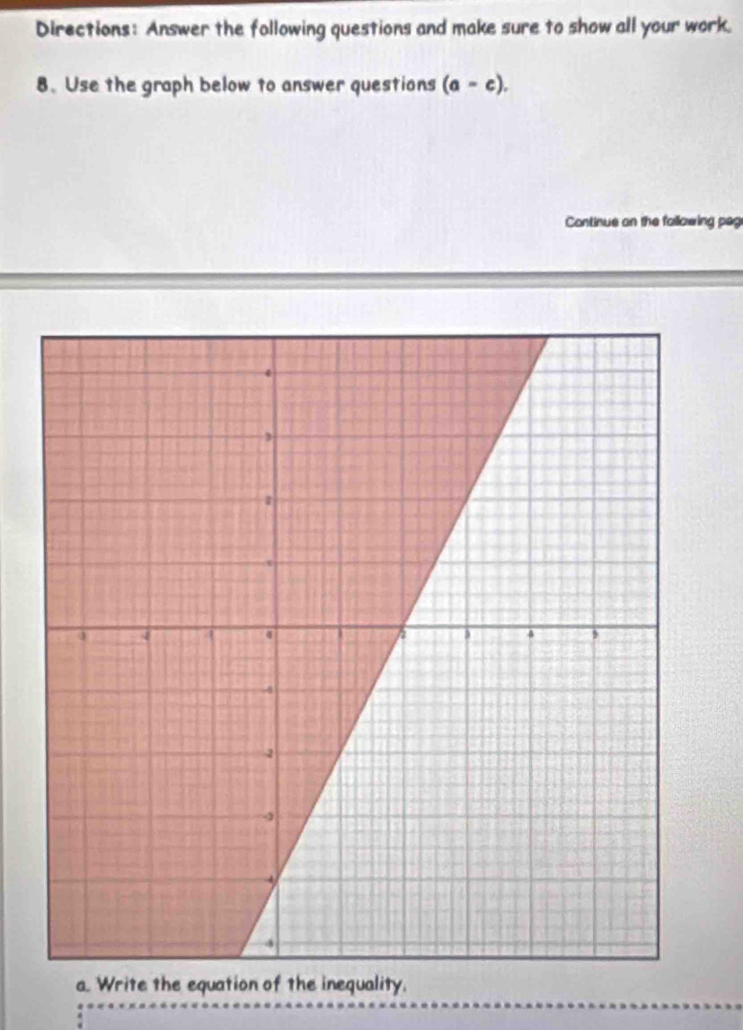 Directions: Answer the following questions and make sure to show all your work. 
8.Use the graph below to answer questions (a-c). 
Continue on the fallowing pag 
a. Write the equation of the inequality.