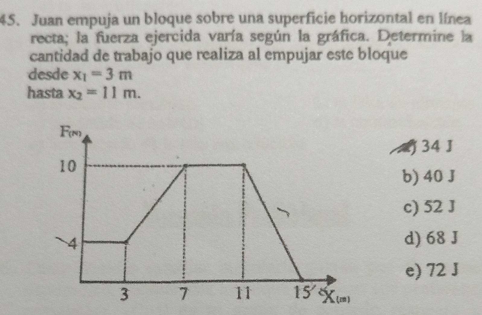 Juan empuja un bloque sobre una superficie horizontal en línea
recta; la fuerza ejercida varía según la gráfica. Determine la
cantidad de trabajo que realiza al empujar este bloque
desde x_1=3m
hasta x_2=11m.
34J
b) 40 J
c) 52 J
d) 68 J
e) 72 J