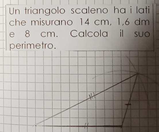 Un triangolo scaleno ha i lati 
che misurano 14 cm, 1, 6 dm
e 8 cm. Calcola il suo 
perimetro.