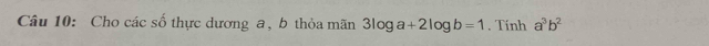Cho các số thực dương a, b thỏa mãn 3log a+2log b=1. Tính a^3b^2