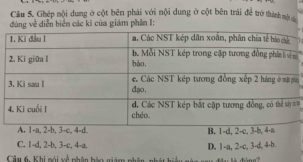 Ghép nội dung ở cột bên phải với nội dung ở cột bên trái để trở thành một cầu
đúng về diễn biến các kì của giảm phân I:
m

n
m
a, 2 -b, 3 -c, 4 -d. B. 1 -d, 2 -c, 3 -b, 4 -a.
C. 1 -d, 2 -b, 3 -c, 4 -a. D. 1 -a, 2 -c, 3 -d, 4 -b.
Câu 6. Khi nói về phân bào giảm phân, phát biểu nào say đây là đúng?