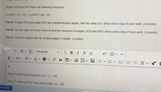 Solved: Angles OPQ and RPS have the following measures m∠ OPQ=(x+13 ...