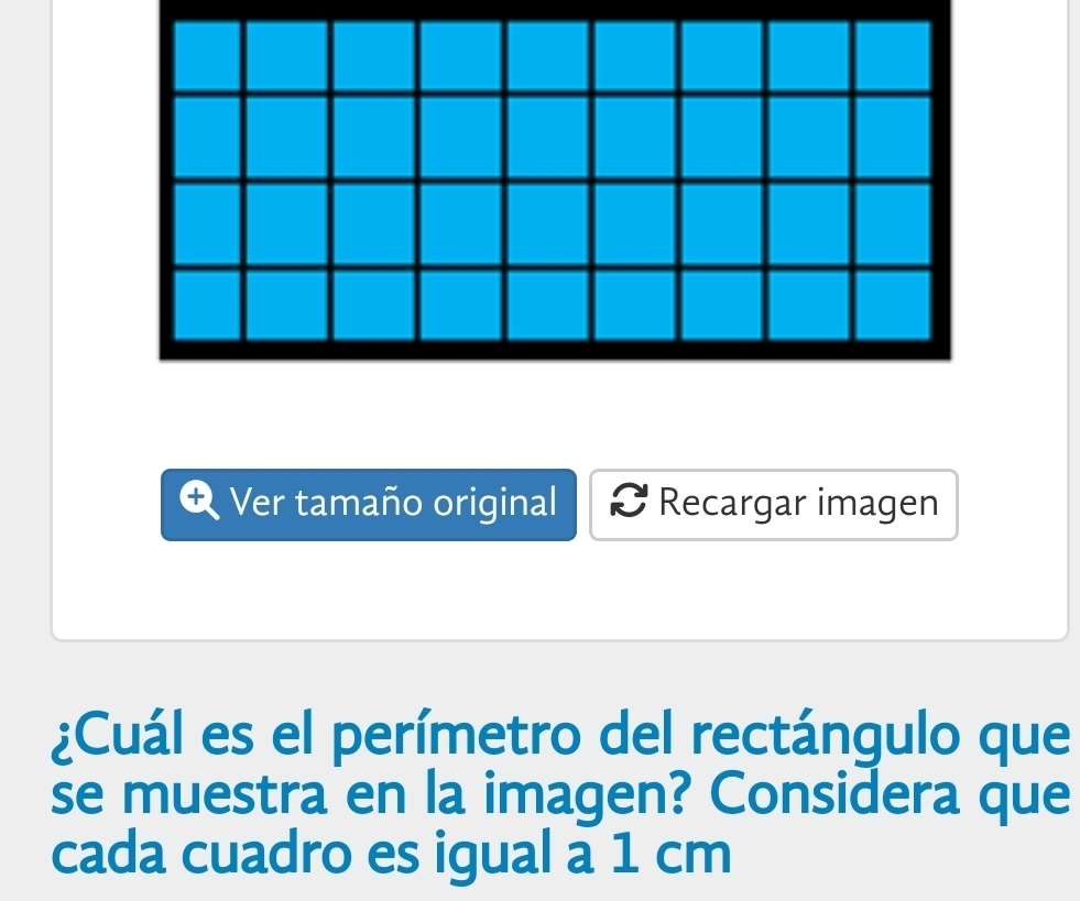 Ver tamaño original Recargar imagen 
¿Cuál es el perímetro del rectángulo que 
se muestra en la imagen? Considera que 
cada cuadro es igual a 1 cm