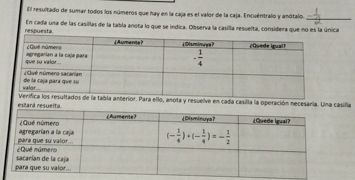 El resultado de sumar todos los números que hay en la caja es el valor de la caja. Encuéntralo y anótalo.
_
En cada una de las casillas de la tabla anota lo que se indica. Observa la casilla resuelta, considera que no es la única
respuesta.
Para ello, anota y resuelve en cada casilla la operación necesaria. Unilla