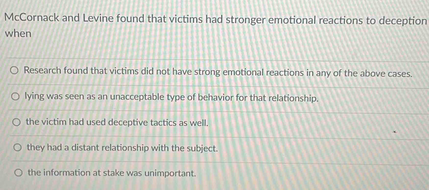 McCornack and Levine found that victims had stronger emotional reactions to deception
when
Research found that victims did not have strong emotional reactions in any of the above cases.
lying was seen as an unacceptable type of behavior for that relationship.
the victim had used deceptive tactics as well.
they had a distant relationship with the subject.
the information at stake was unimportant.