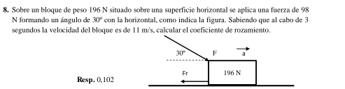 Sobre un bloque de peso 196 N situado sobre una superficie horizontal se aplica una fuerza de 98
N formando un ángulo de 30° con la horizontal, como indica la figura. Sabiendo que al cabo de 3
segundos la velocidad del bloque es de 11 m/s, calcular el coeficiente de rozamiento.
Resp. 0,102