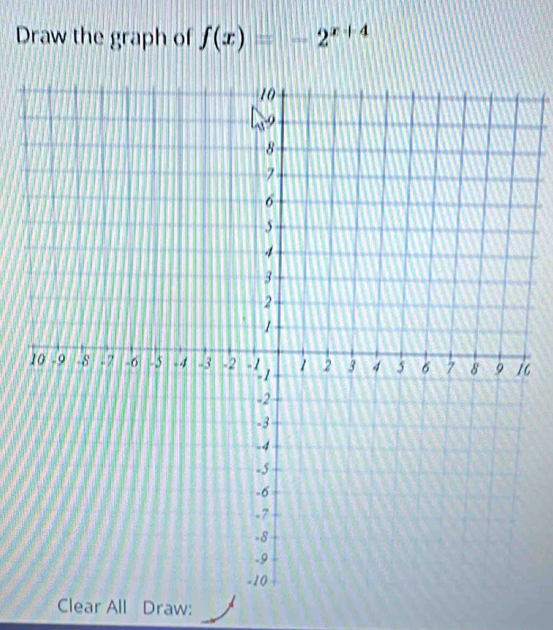 Draw the graph of f(x)=-2^(x+4)
6
Clear All Draw: