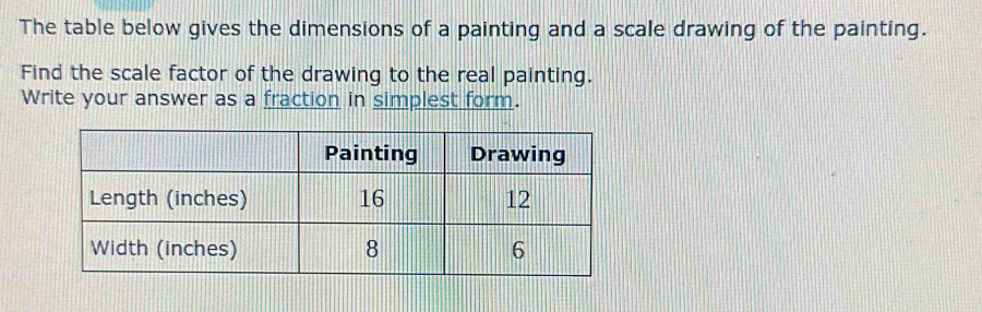 The table below gives the dimensions of a painting and a scale drawing of the painting. 
Find the scale factor of the drawing to the real painting. 
Write your answer as a fraction in simplest form.