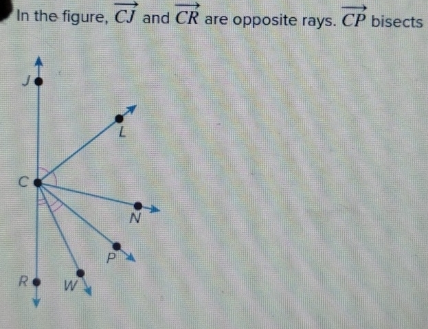 In the figure, vector CJ and vector CR are opposite rays. vector CP bisects