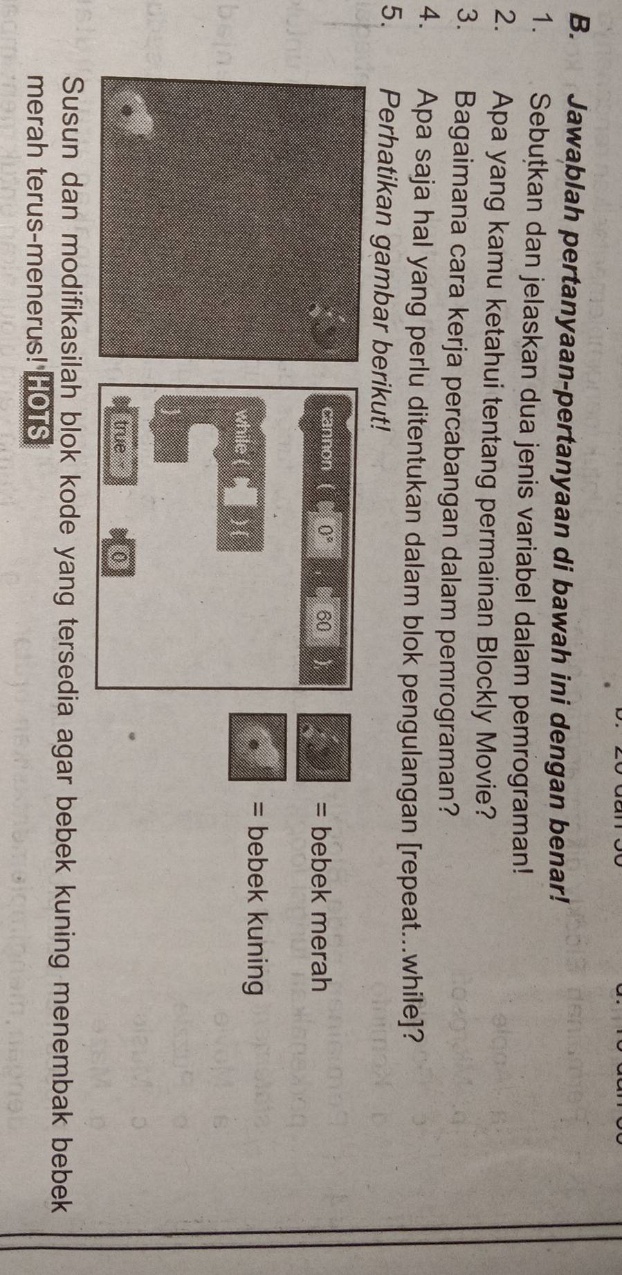 Jawablah pertanyaan-pertanyaan di bawah ini dengan benar! 
1. Sebuțkan dan jelaskan dua jenis variabel dalam pemrograman! 
2. Apa yang kamu ketahui tentang permainan Blockly Movie? 
3. Bagaimana cara kerja percabangan dalam pemrograman? 
4. Apa saja hal yang perlu ditentukan dalam blok pengulangan [repeat...while]? 
5. Perhatikan gambar berikut! 
cannon 0° 60 = bebek merah 
= bebek kuning 
while ( )( 
true - 0 
Susun dan modifikasilah blok kode yang tersedia agar bebek kuning menembak bebek 
merah terus-menerus! HOTS