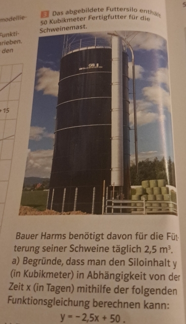 Das abgebildete Futtersilo enthäl 
modellie-
50 Kubikmeter Fertigfutter für die 
Funk 
rieb 
den
+15
Bauer Harms benötigt davon für die Füt 
terung seiner Schweine täglich 2,5m^3. 
a) Begründe, dass man den Siloinhalt y 
(in Kubikmeter) in Abhängigkeit von der 
Zeit x (in Tagen) mithilfe der folgenden 
Funktionsgleichung berechnen kann:
y=-2,5x+50.