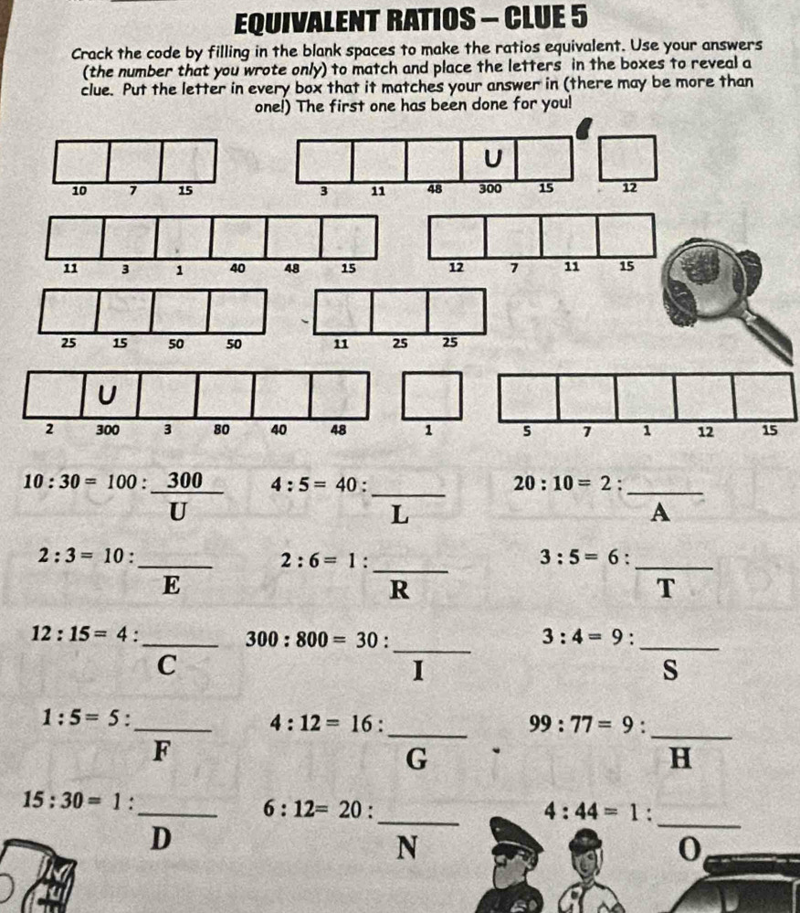 EQUIVALENT RATIOS - CLUE 5
Crack the code by filling in the blank spaces to make the ratios equivalent. Use your answers
(the number that you wrote only) to match and place the letters in the boxes to reveal a
clue. Put the letter in every box that it matches your answer in (there may be more than
one!) The first one has been done for you!
10:30=100: 300/U  4:5=40 : _ (-(-)^-^circ )()
20:10=2
_
L
A
_ 2:3=10 :
2:6=1 : _ overline R 3:5=6 _
_ 725
E 3(
T 
_
12:15=4 _
300:800=30
_
3:4=9 : 
C
I
s
1:5=5._
4:12=16
_ 99:77=9 : 
F
G^(·) 
_
H
_
15:30=1.
_
_ 6:12=20 :
4:44=1.
D
N J
0