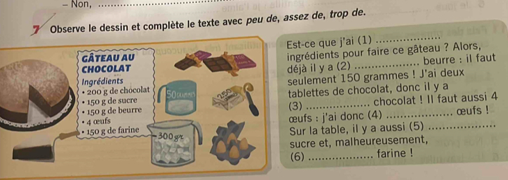 Non, 
Observe le dessin et complète le texte avec peu de, assez de, trop de. 
ce que j'ai (1) 
_ 
édients pour faire ce gâteau ? Alors, 
il y a (2) _beurre : il faut 
ement 150 grammes! J'ai deux 
lettes de chocolat, donc il y a 
_chocolat ! Il faut aussi 4 
fs : j'ai donc (4) _œufs ! 
la table, il y a aussi (5)_ 
re et, malheureusement, 
_farine !