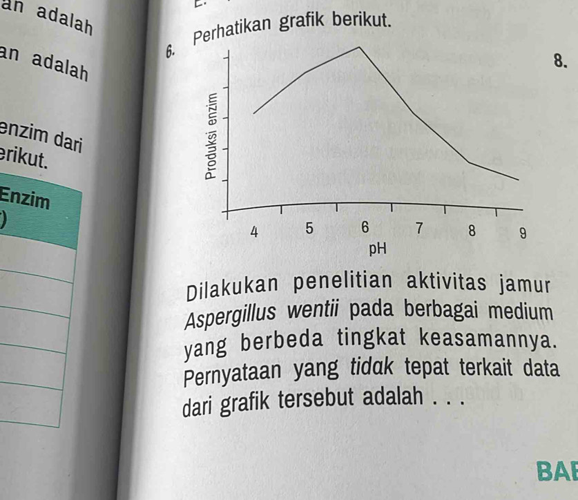 an adalah 
6. Perhatikan grafik berikut. 
an adalah 
8. 
enzim dari 
r 
En
4 5 6 7 8 9
pH 
Dilakukan penelitian aktivitas jamur 
Aspergillus wentii pada berbagai medium 
yang berbeda tingkat keasamannya. 
Pernyataan yang tidαk tepat terkait data 
dari grafik tersebut adalah . . . 
BAE