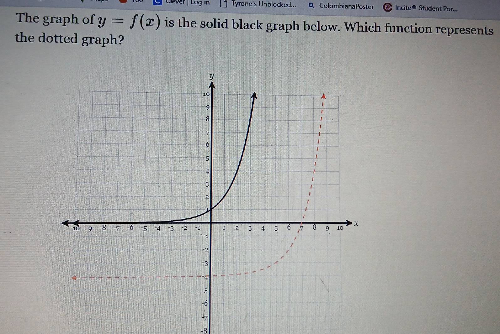 Clever | Log in Tyrone's Unblocked... Q ColombianaPoster Incite® Student Por... 
The graph of y=f(x) is the solid black graph below. Which function represents 
the dotted graph?
-8